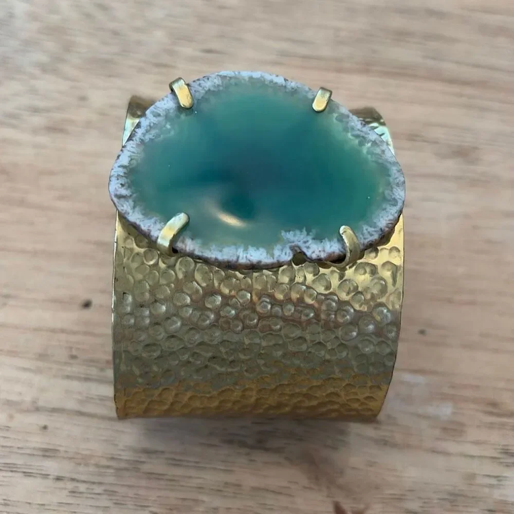 Statement cuff bracelet hammered, gold, and green agate stone